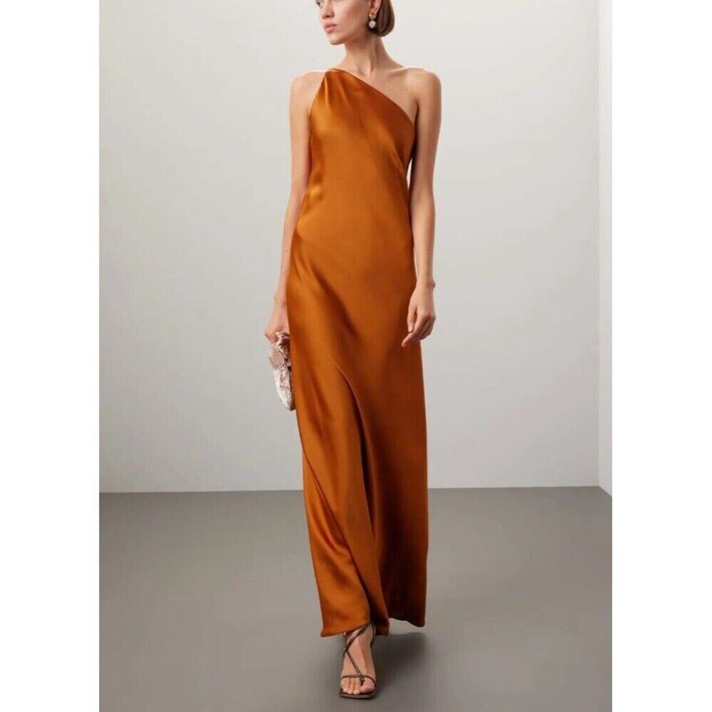 2
Obando collective copper orange silky one shoulder sleeveless maxi long